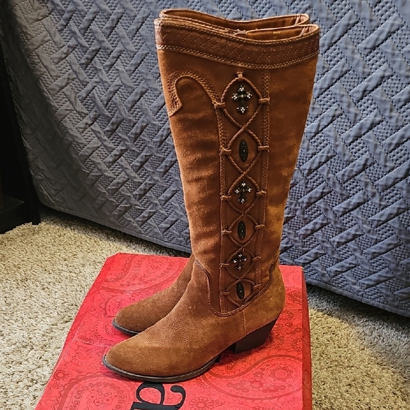 Reba Shoes - Reba Blairs Pecan Embellished Heeled Boots, Womens Size 9M